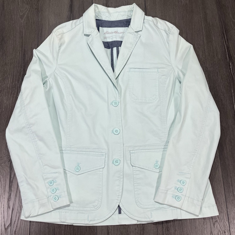 Eddie Bauer Jacket Women Seafoam Blue Legend Wash Collared Sz 14 Military Safari - Picture 1 of 12